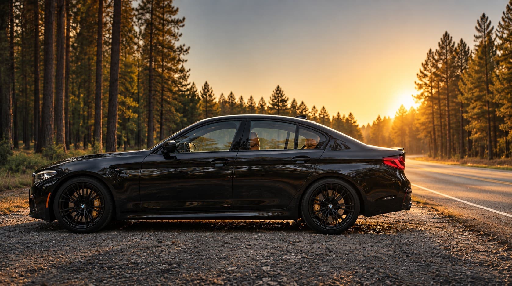 Black sedan in profile on a forest road.